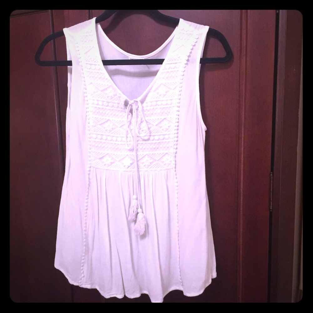 Sheer White Sleeveless Blouse Crochet w/Tassel Tie